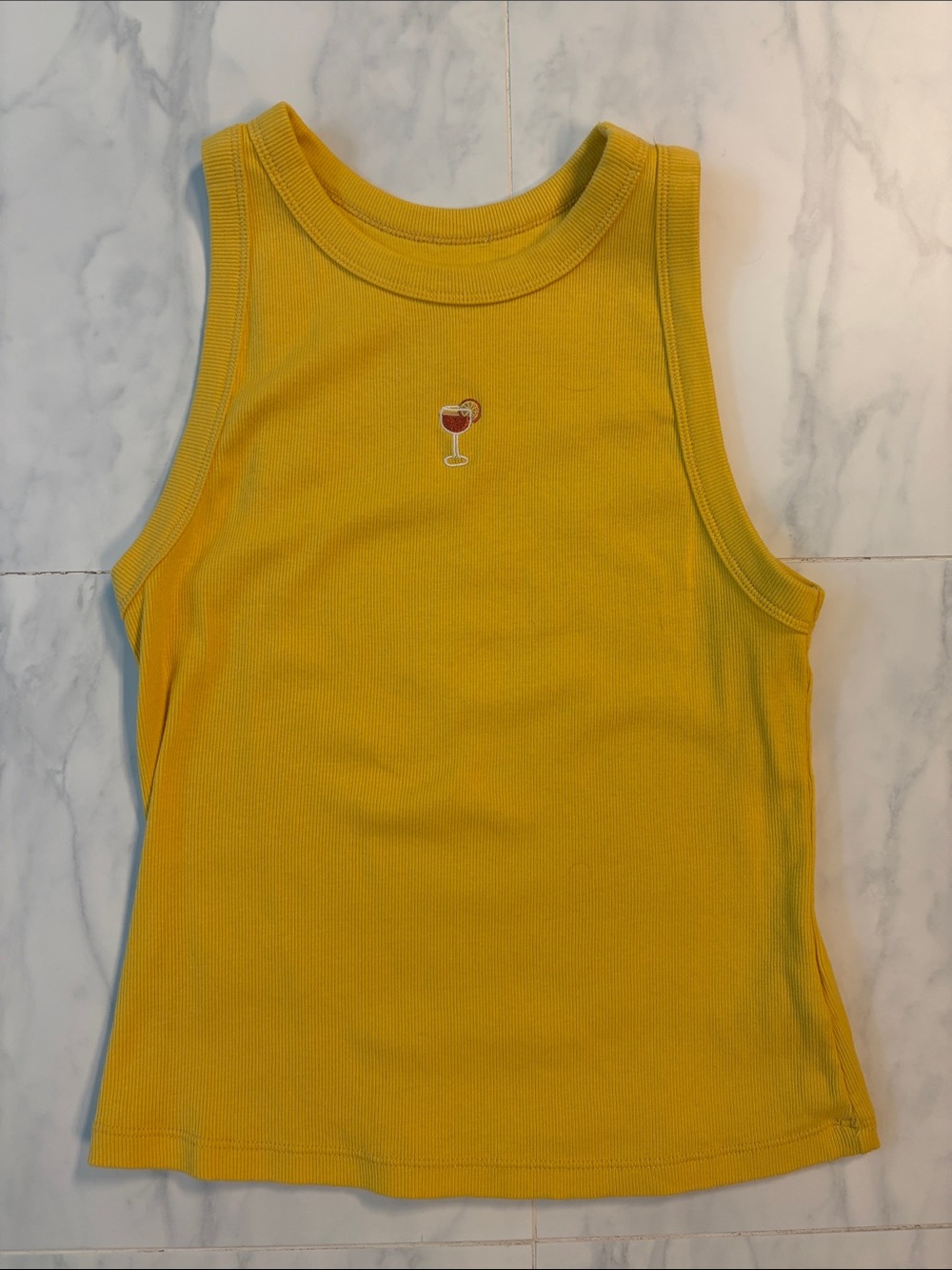 a new day Yellow Ribbed Tank Top with embroidered Aperol spiritz